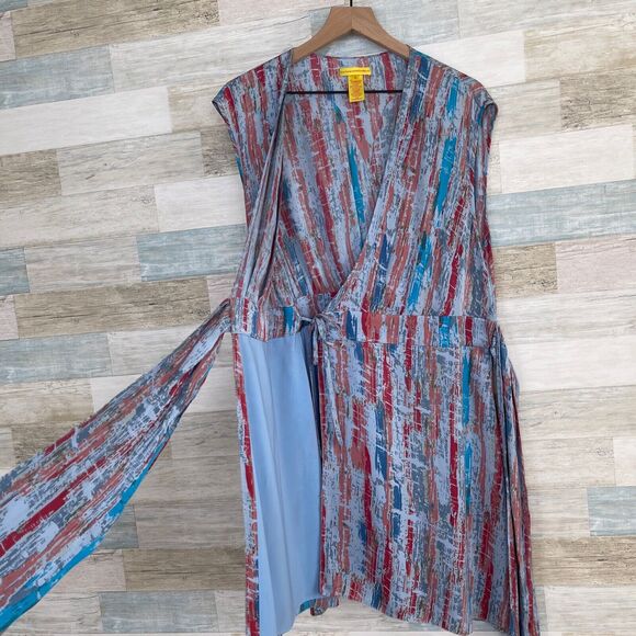 Catherine Malandrino Silk Tie Wrap Dress Blue Print Pleated Casual Womens 10 - Picture 5 of 8